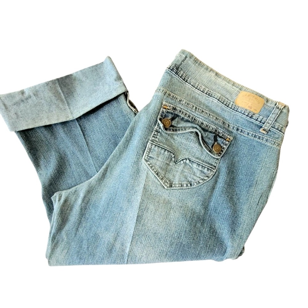 Hydraulic Capri Jeans Size 24 Blue Denim Stretch Button Flap Pockets Roll Tab